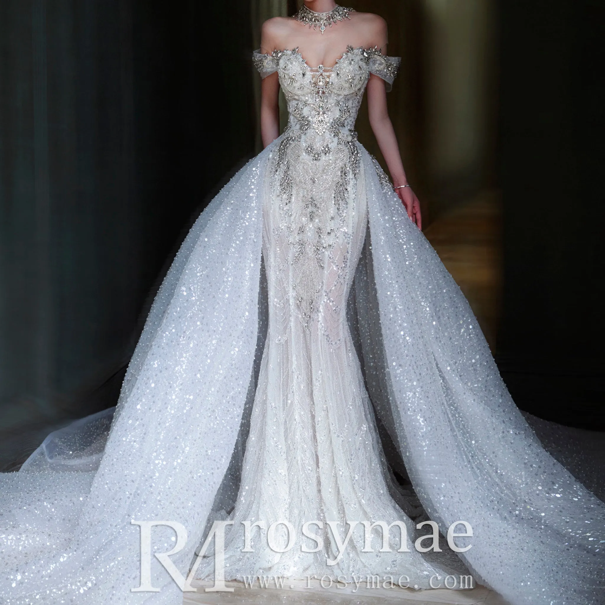 Sparkly Convertible Wedding Dress with Detachable Train
