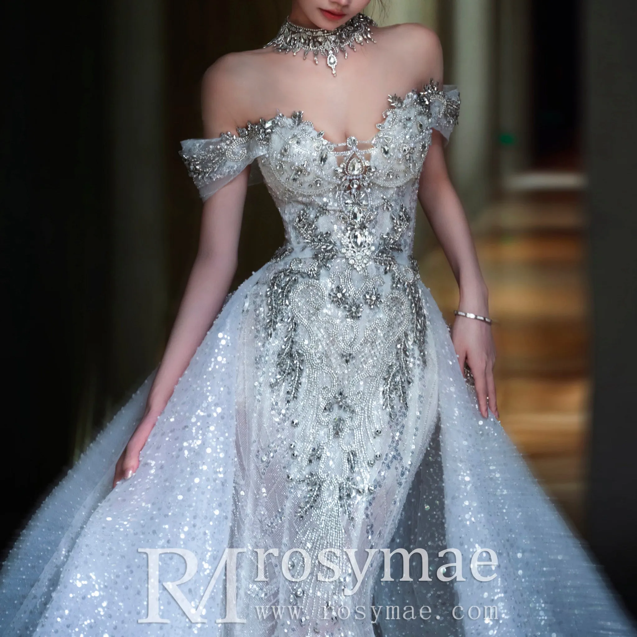 Sparkly Convertible Wedding Dress with Detachable Train