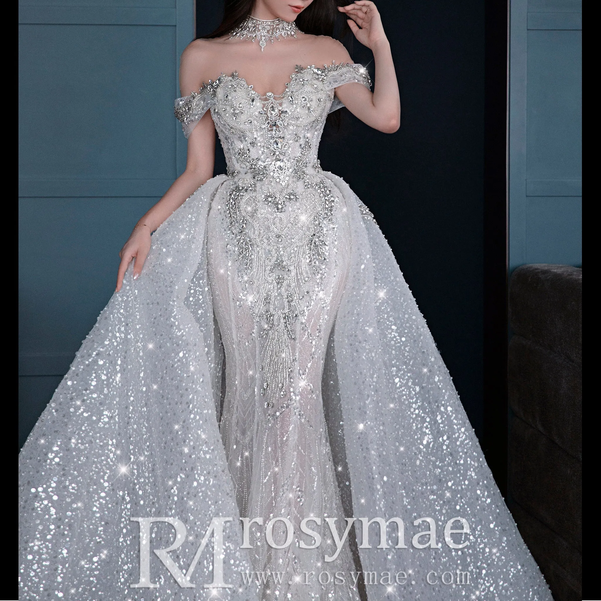 Sparkly Convertible Wedding Dress with Detachable Train