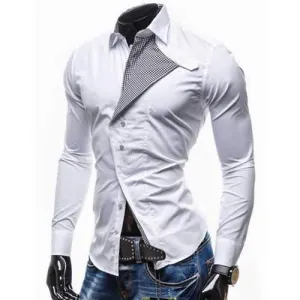 Special Irregular Double Button Fly Hit Color Plaid Spliced Shirt Collar Long Sleeves Men's Slimming Shirt - White L