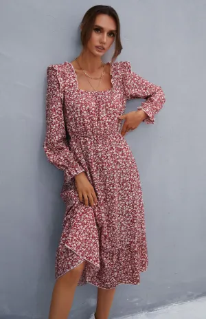 Square Neck Midi Dress with Ruffled Sleeves and Floral Print