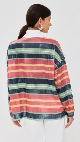 Stella Jean Women's Sequins Printed Polo, Four Color Stripes, 6