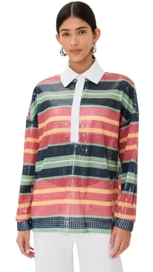 Stella Jean Women's Sequins Printed Polo, Four Color Stripes, 6