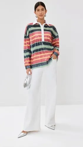 Stella Jean Women's Sequins Printed Polo, Four Color Stripes, 6
