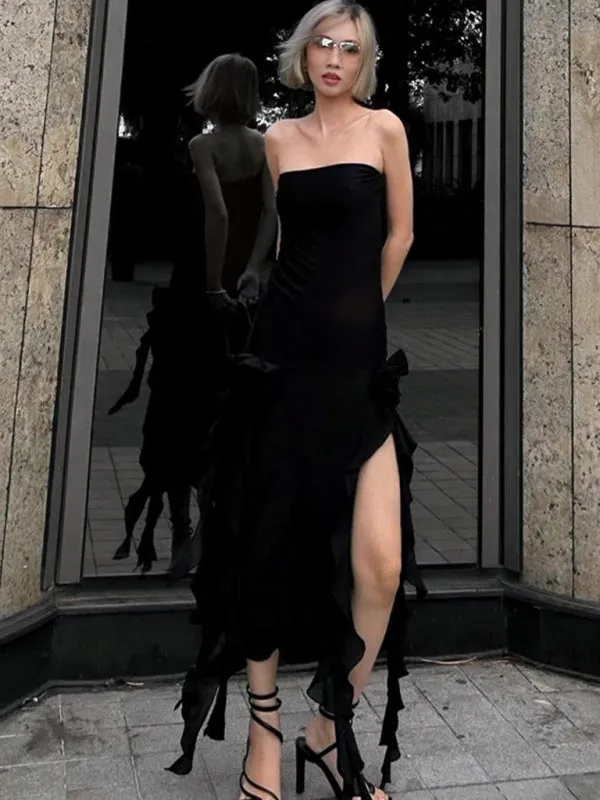 Strapless Maxi Dress with High Leg Slit and Ruffled Lace Detailing