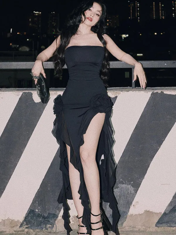 Strapless Maxi Dress with High Leg Slit and Ruffled Lace Detailing