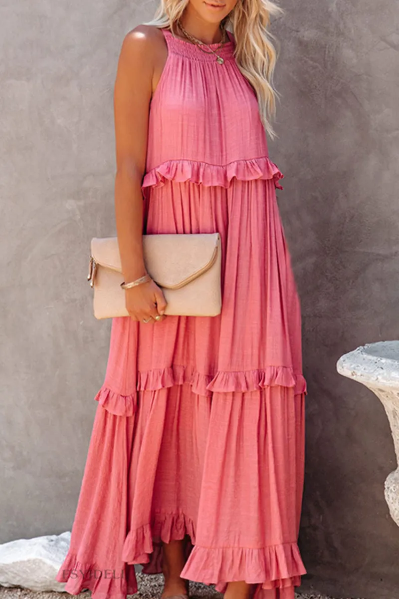 Street Solid Flounce Spaghetti Strap Cake Skirt Dresses(3 Colors)