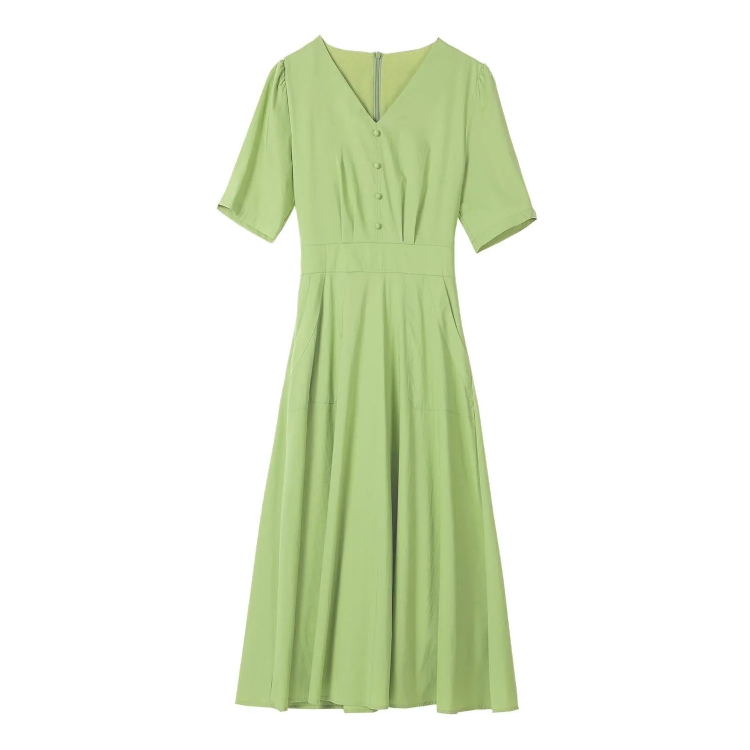 Sweet French-style dress featuring button decoration and a fitted waist
