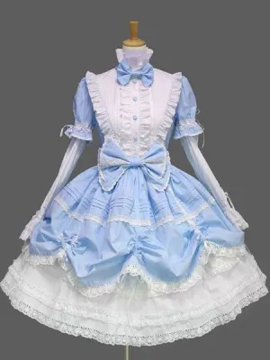Sweet Lolita Dress OP Black High Collar Puff Long Sleeve Cotton Lace Ruffled Bow Lolita One Piece Dress