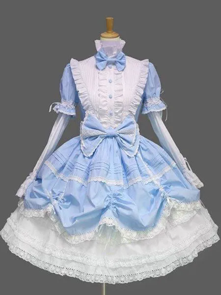 Sweet Lolita Dress OP Black High Collar Puff Long Sleeve Cotton Lace Ruffled Bow Lolita One Piece Dress