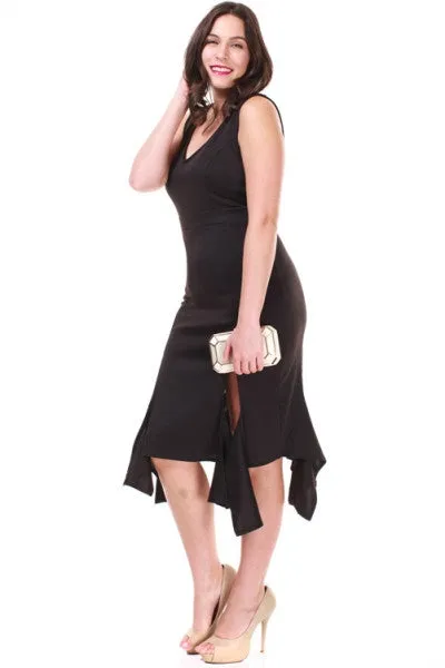 Tea Length Plus Size Red Sheath Dress Ruffled Double Slit Hem