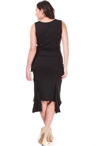 Tea Length Plus Size Red Sheath Dress Ruffled Double Slit Hem