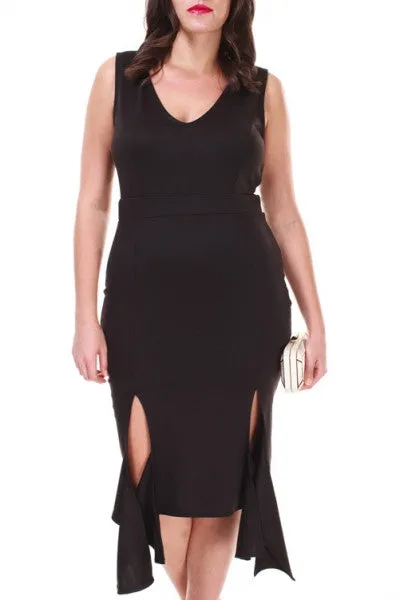 Tea Length Plus Size Red Sheath Dress Ruffled Double Slit Hem