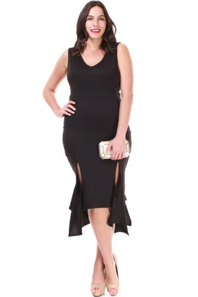 Tea Length Plus Size Red Sheath Dress Ruffled Double Slit Hem