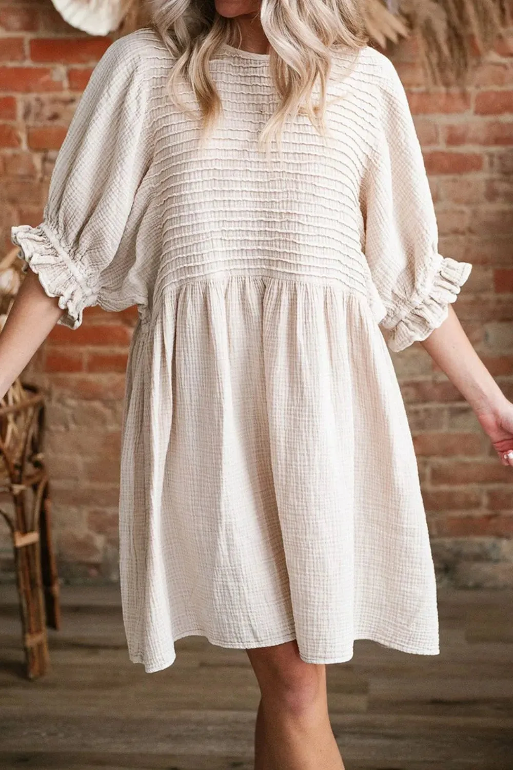 Textured Ruffled Puff Sleeve Loose Dress