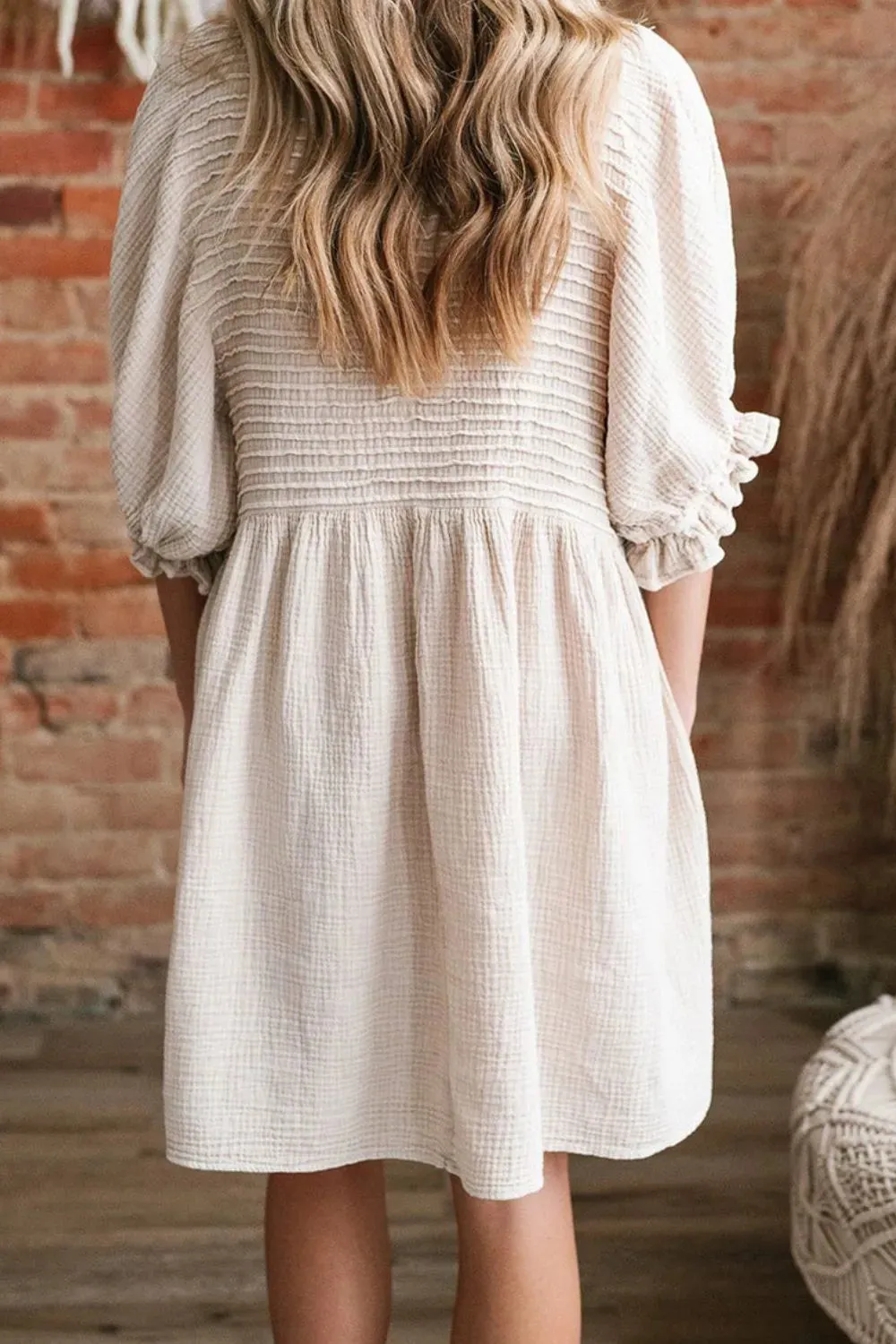 Textured Ruffled Puff Sleeve Loose Dress