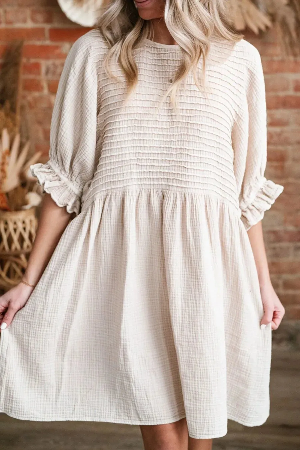 Textured Ruffled Puff Sleeve Loose Dress