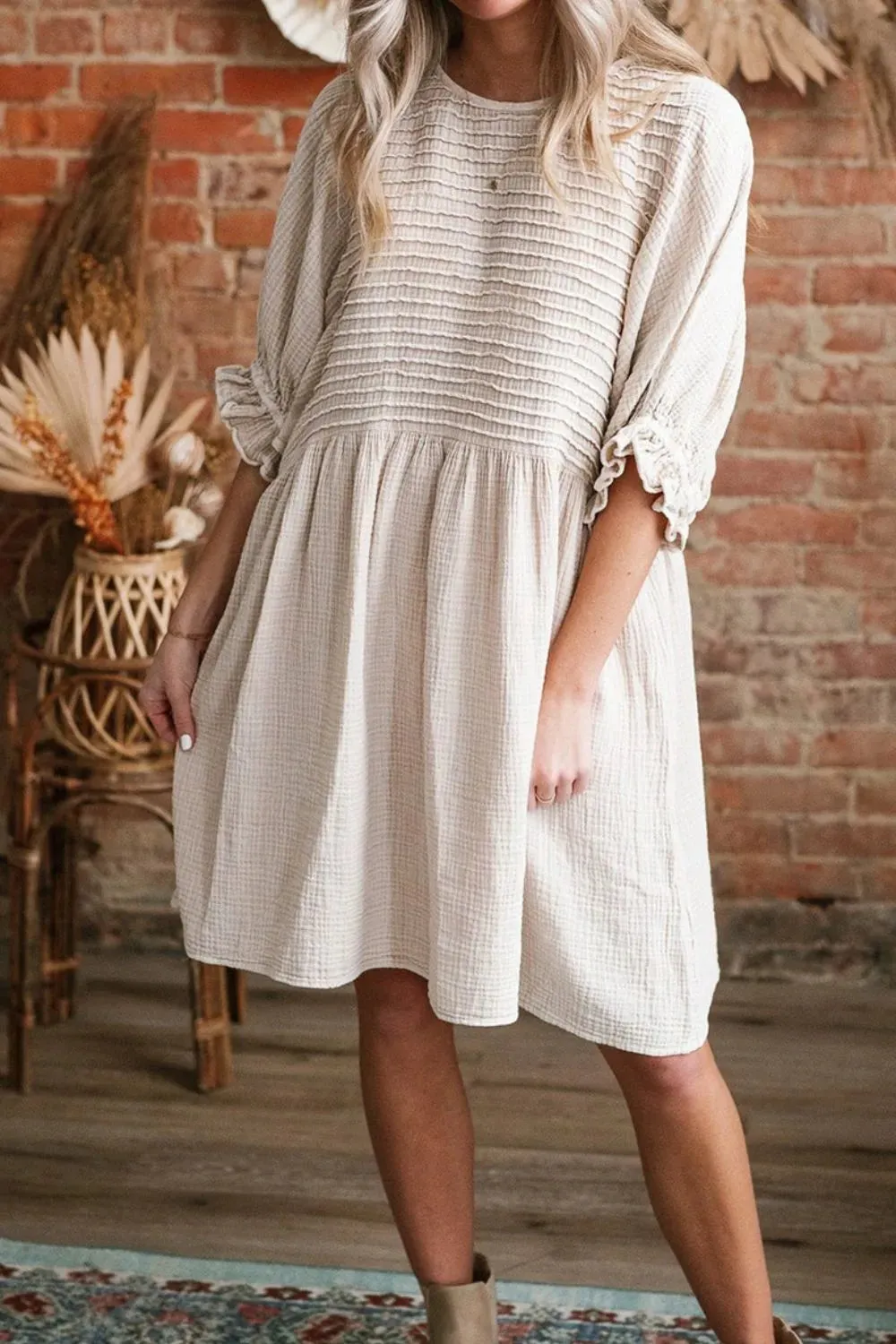 Textured Ruffled Puff Sleeve Loose Dress