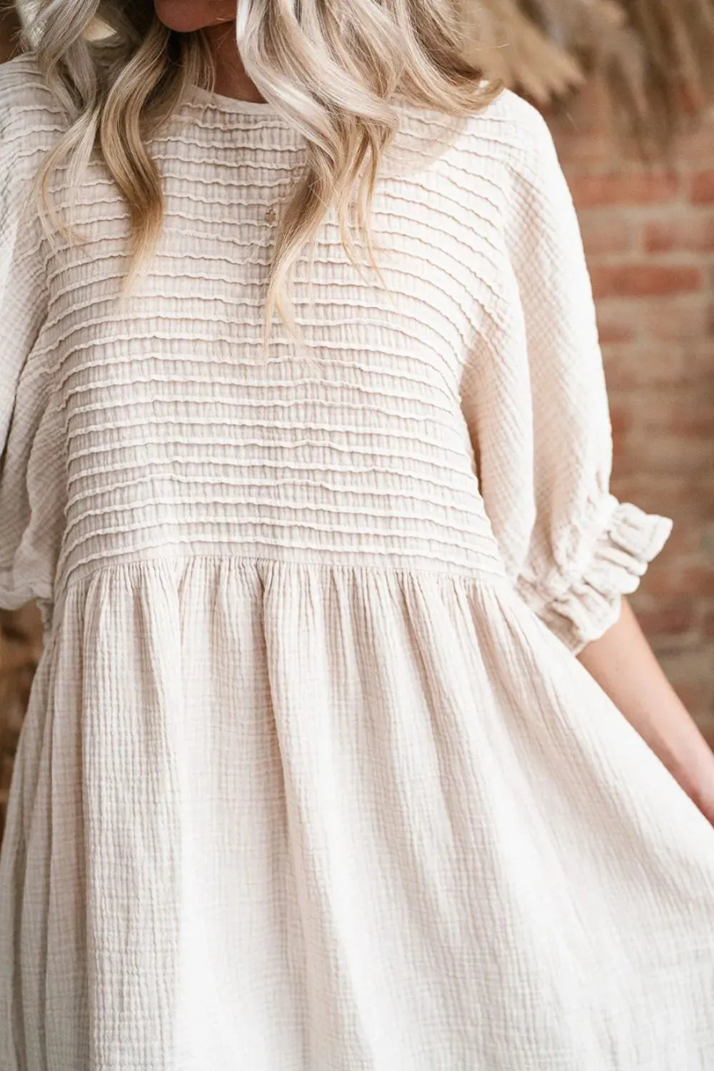 Textured Ruffled Puff Sleeve Loose Dress