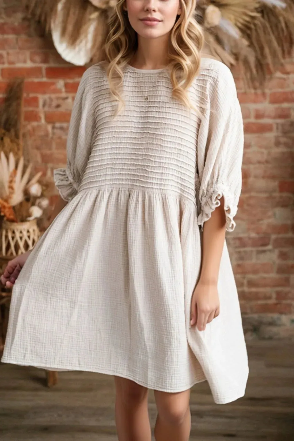 Textured Ruffled Puff Sleeve Loose Dress