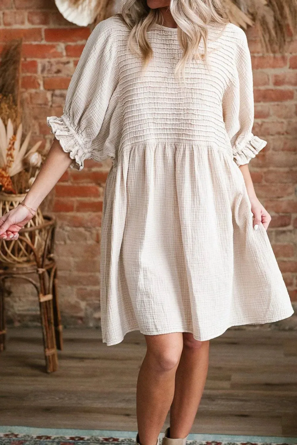 Textured Ruffled Puff Sleeve Loose Dress