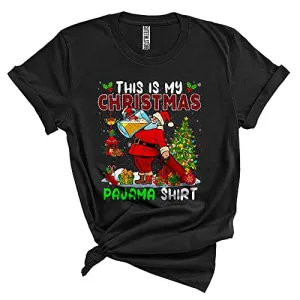 This is My Christmas Pajama Shirt Funny Merry Christmas Xmas Santa Drinking Beer Drunk Plaid Lover Unisex T-Shirt Black