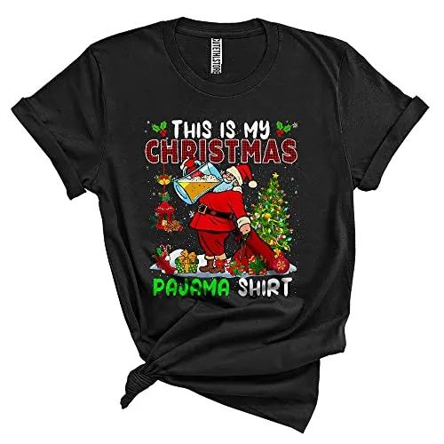 This is My Christmas Pajama Shirt Funny Merry Christmas Xmas Santa Drinking Beer Drunk Plaid Lover Unisex T-Shirt Black