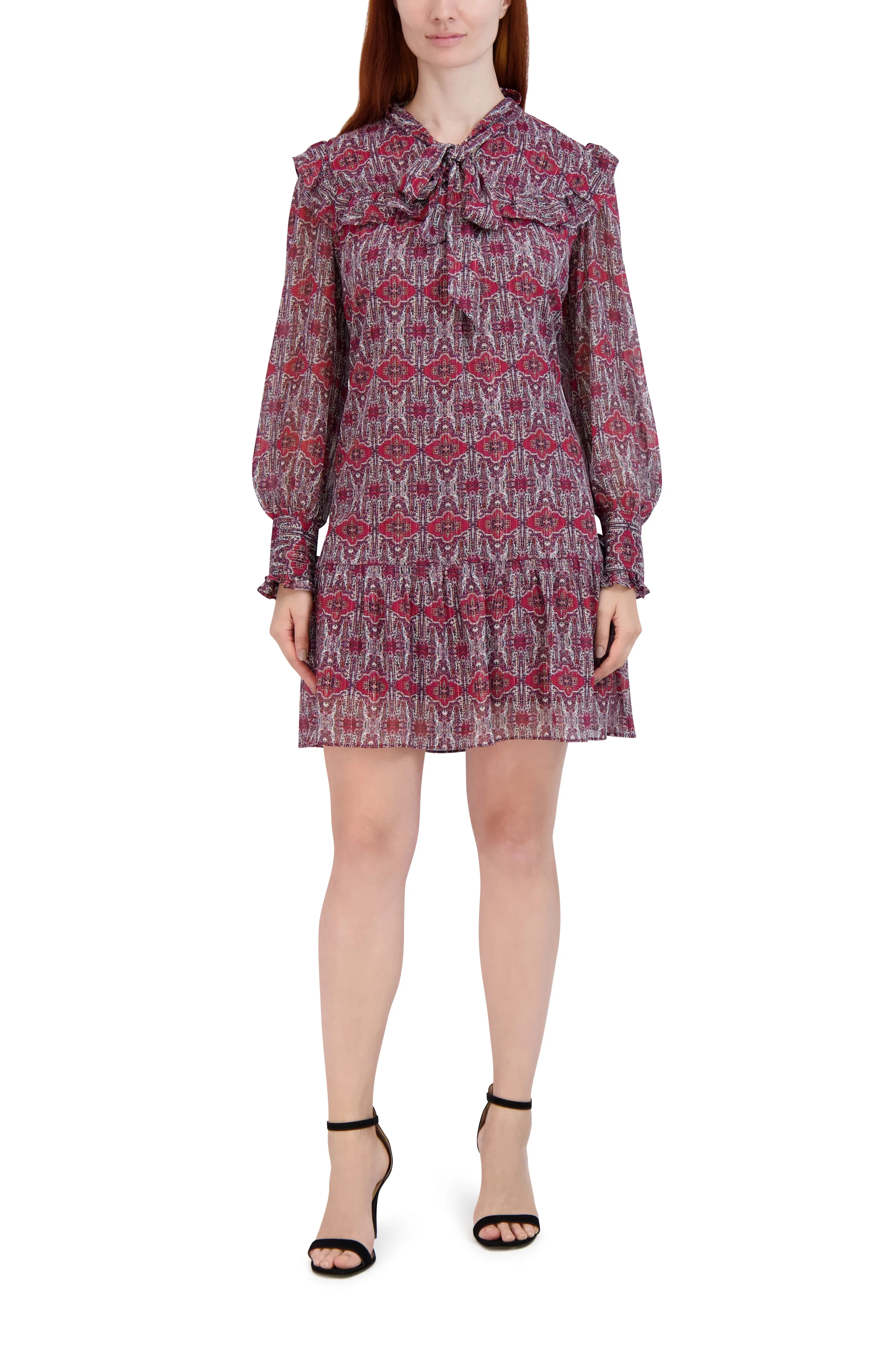 Tie Neck Short Dress With Long Sleeves
