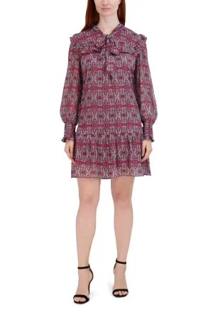 Tie Neck Short Dress With Long Sleeves