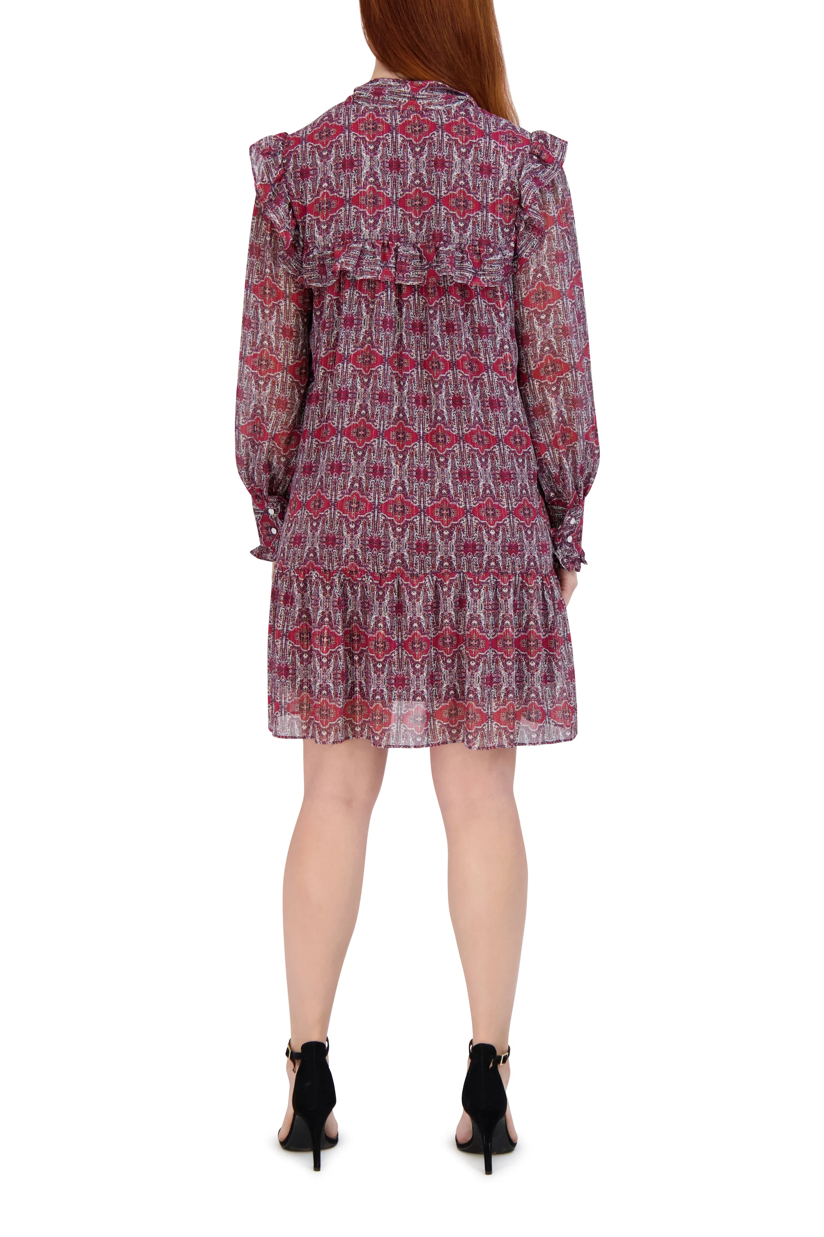 Tie Neck Short Dress With Long Sleeves