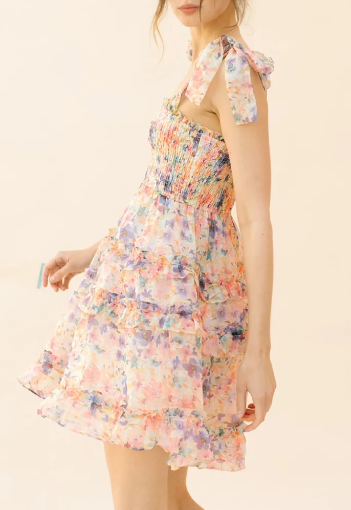 Tie Strap Floral Smocked Mini Dress