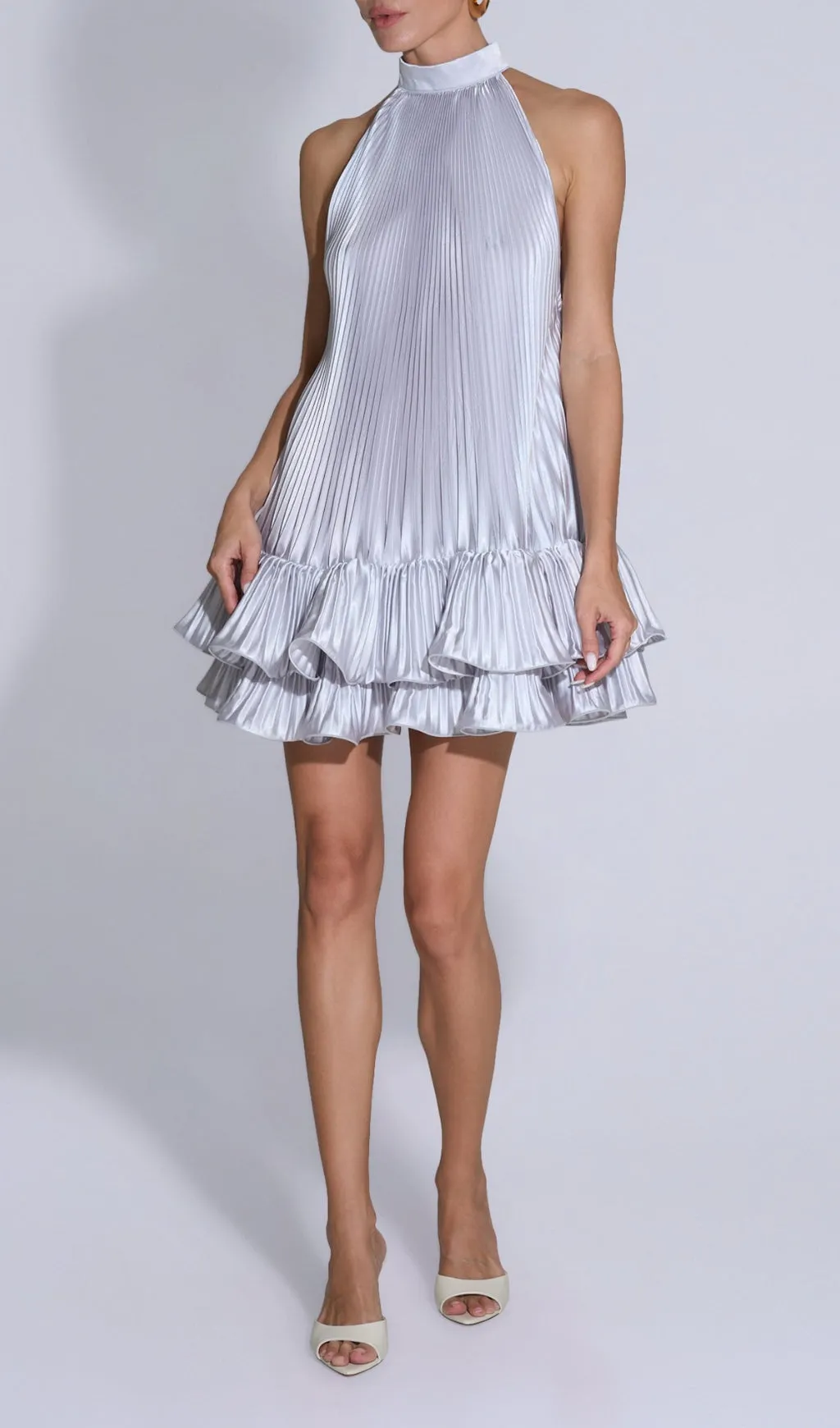 tina Double-layer ruffled halter neck mini dress in white
