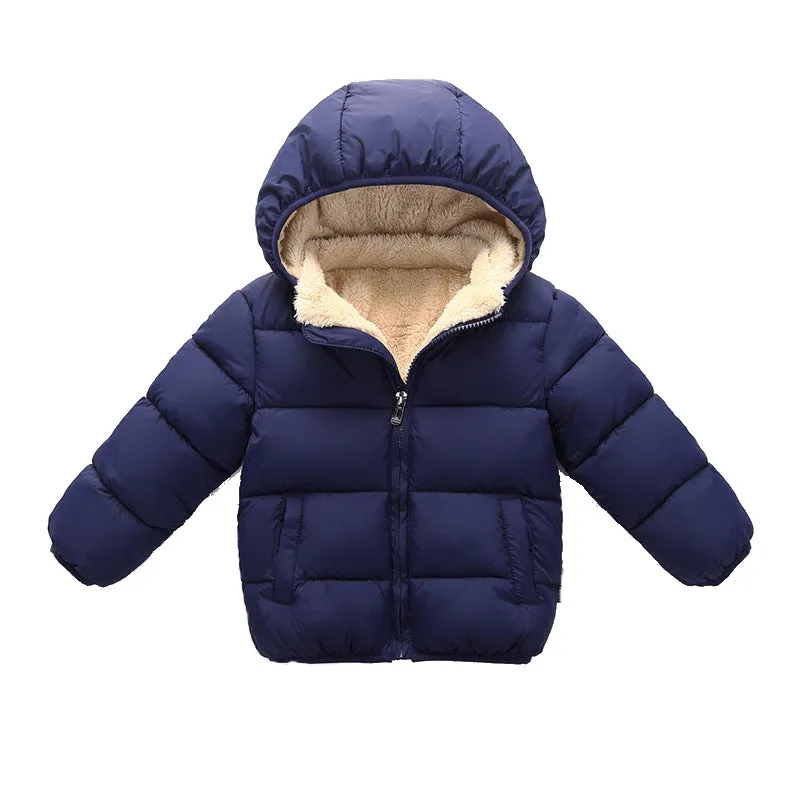 Toddler Puffer Jacket in Blue with Sherpa Lining and Hood