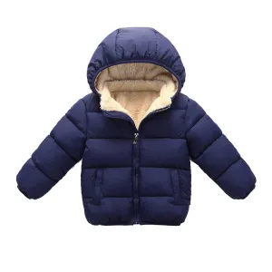 Toddler Puffer Jacket in Blue with Sherpa Lining and Hood