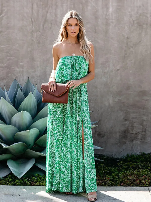 Tropical Leaf Print Maxi Dress with Ruffled Off-the-Shoulder Design