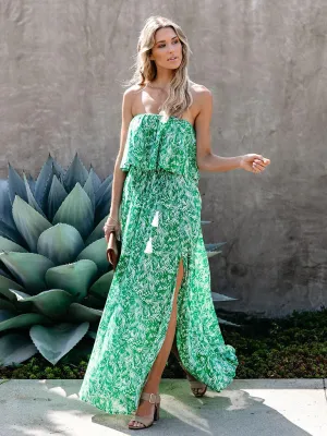 Tropical Leaf Print Maxi Dress with Ruffled Off-the-Shoulder Design
