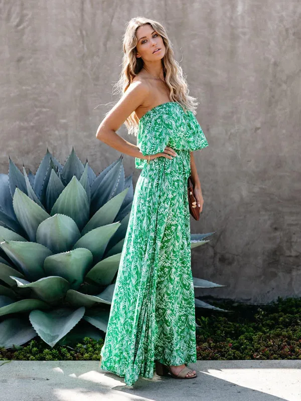 Tropical Leaf Print Maxi Dress with Ruffled Off-the-Shoulder Design