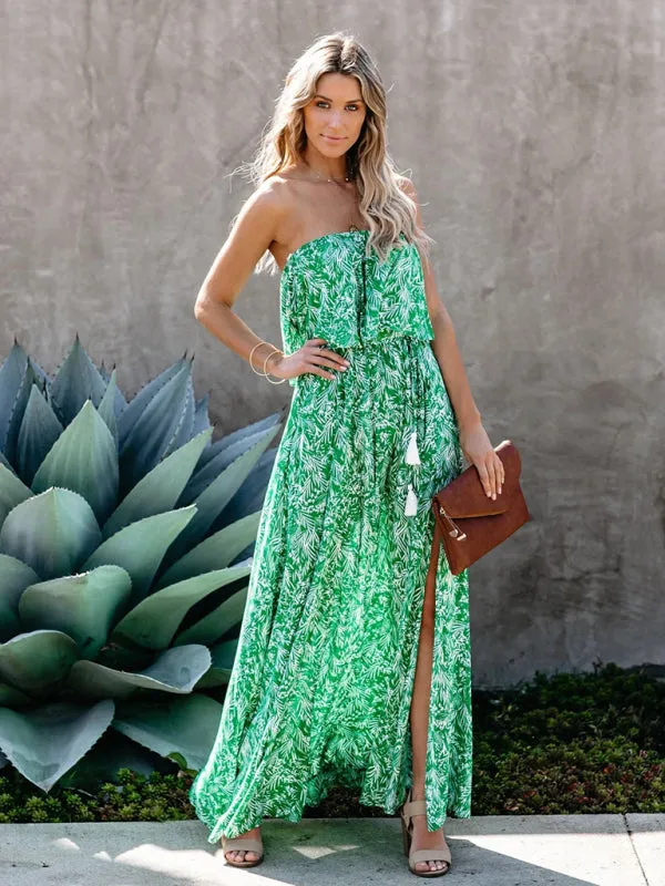 Tropical Leaf Print Maxi Dress with Ruffled Off-the-Shoulder Design