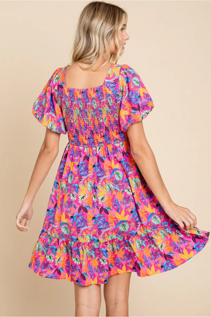 Tropical Print Baby Doll Dress W/V-Neck