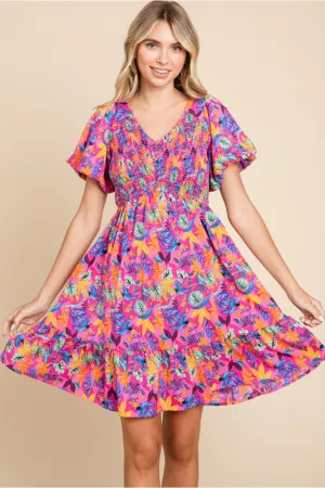 Tropical Print Baby Doll Dress W/V-Neck