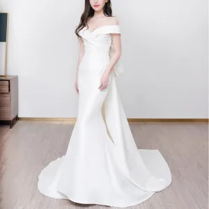 Trumpet Mermaid Satin Wedding Dresses with Long Bowknot
