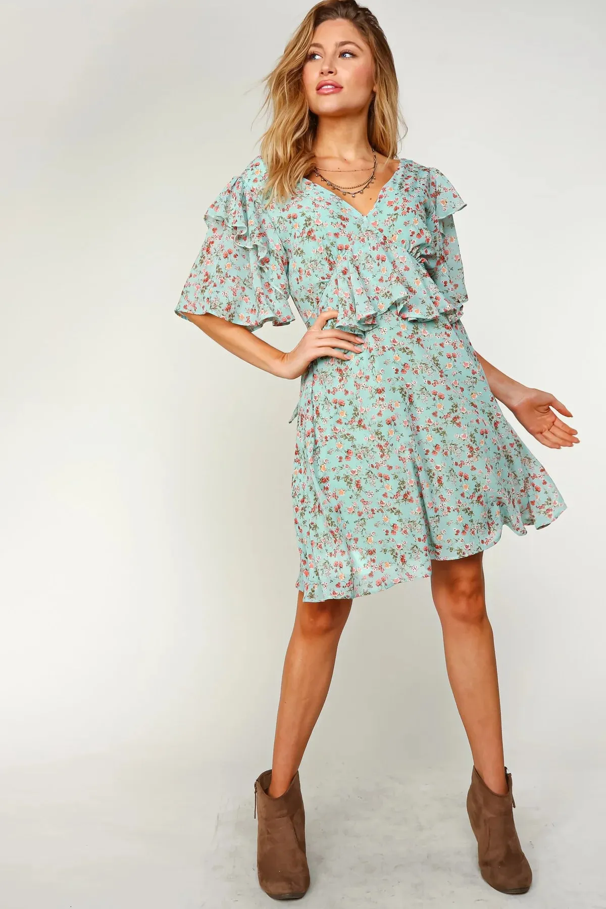 V Neck Chiffon Floral Dress