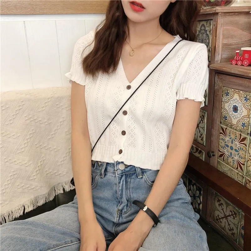 V-Neck Hollow Out Cropped Slim Shirts