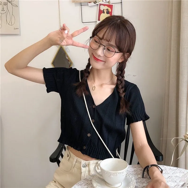 V-Neck Hollow Out Cropped Slim Shirts
