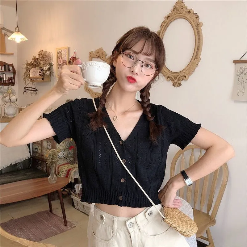 V-Neck Hollow Out Cropped Slim Shirts