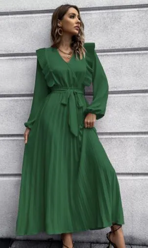 V-Neck Maxi Dress with Pleated Hem and Ruffled Shoulders