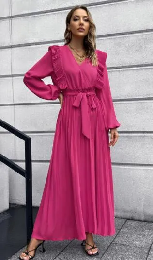 V-Neck Maxi Dress with Pleated Hem and Ruffled Shoulders
