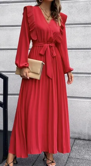V-Neck Maxi Dress with Pleated Hem and Ruffled Shoulders