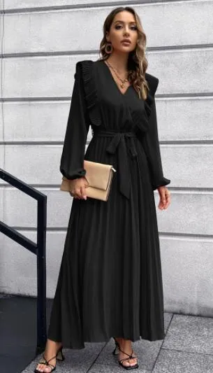 V-Neck Maxi Dress with Pleated Hem and Ruffled Shoulders
