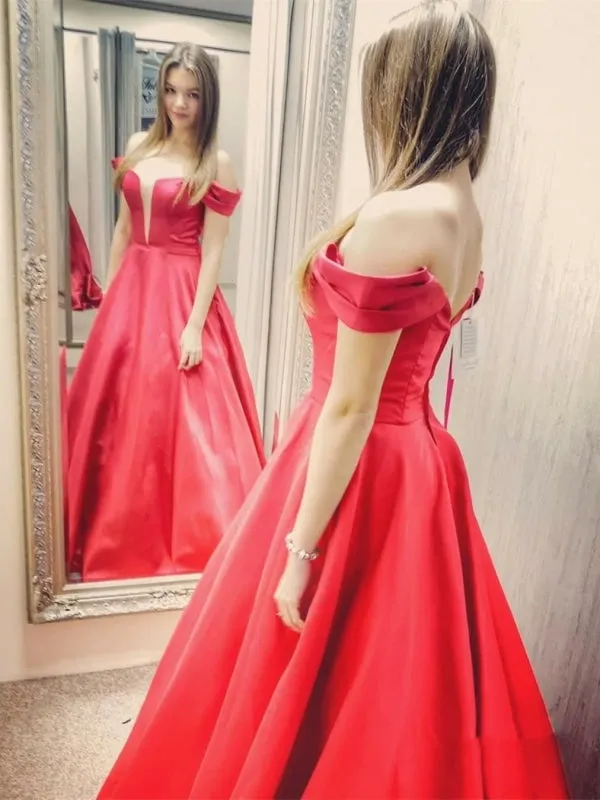 V Neck Satin Off the Shoulder Long Red Prom, Off Shoulder Red Formal, Red Evening